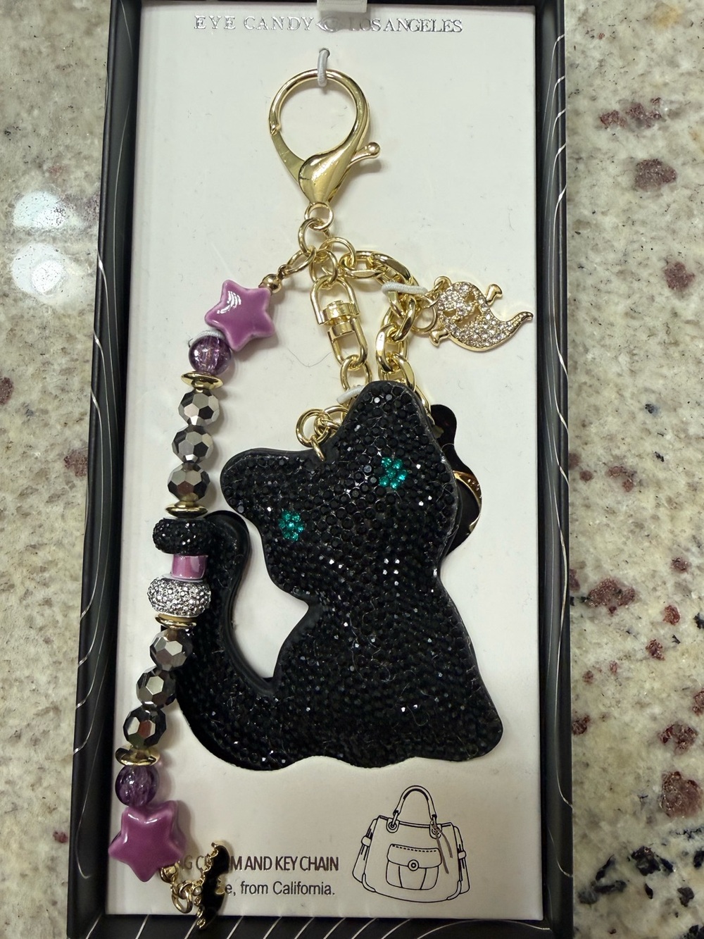 eye candy Black Cat Keychain with Teal Eyes and Gold Hardware